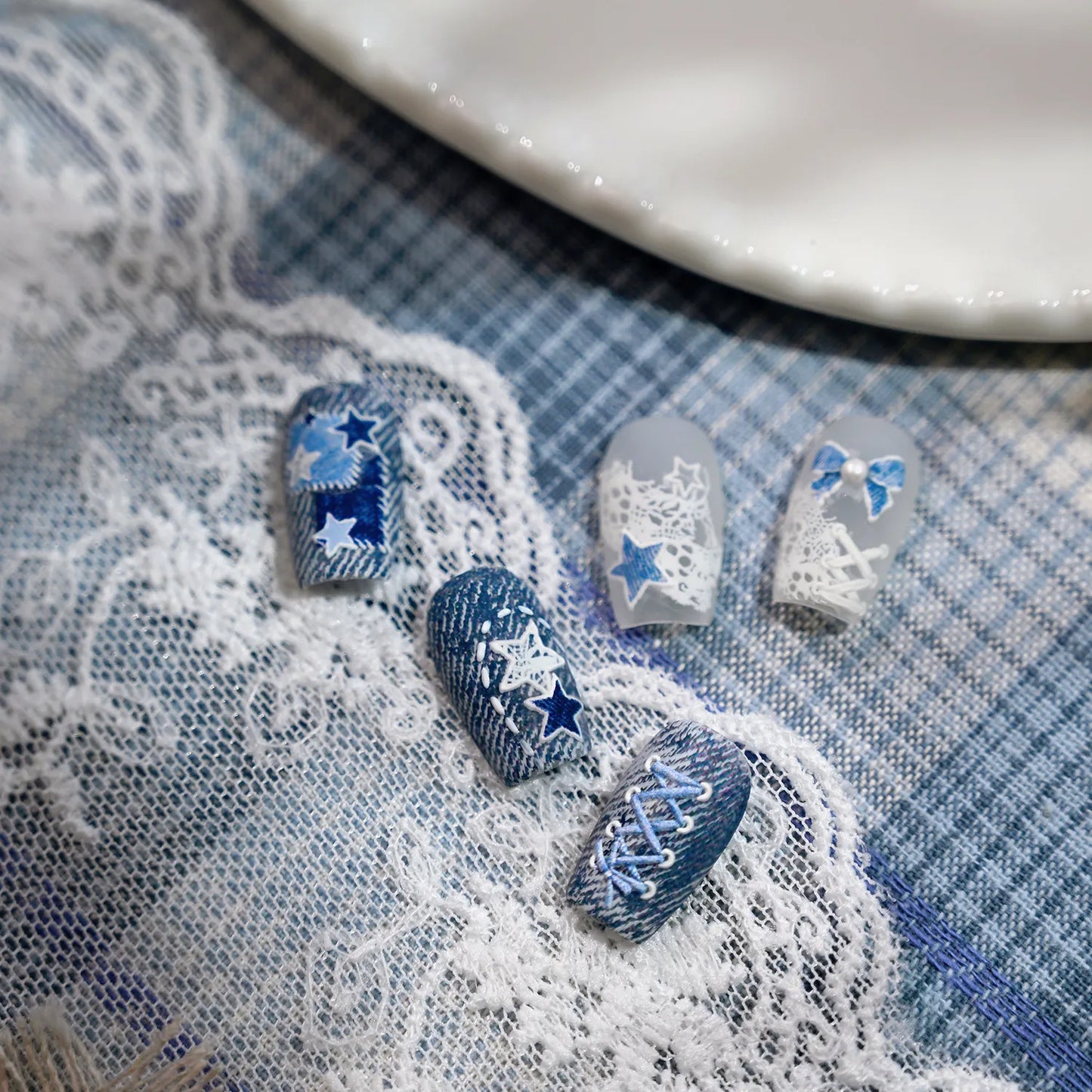 5D Y2K Denim & Lace Nail Stickers | Cute Blue Coquette Bow Nail Art Decals 481