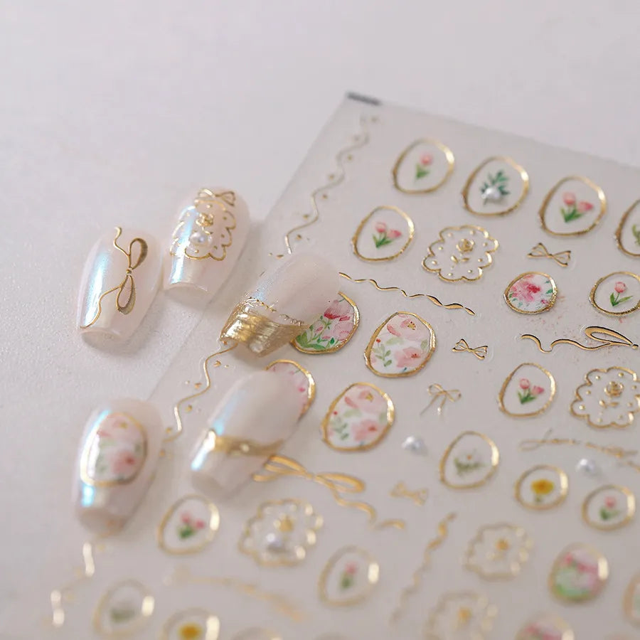 Elegant Gold Floral Nail Stickers with Pearls TL259