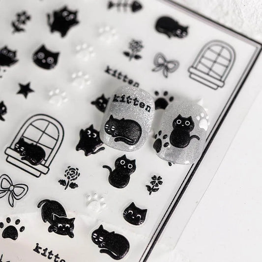 Adorable Kitten Nail Art Stickers Adhesive Embossed Black Cat Paw Sticker Decals Decoration TS3685