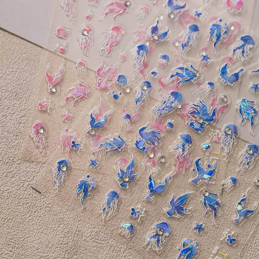 Aurora Light Jellyfish Nail Art Stickers Embossed Jelly Mermaids Adhesive Sticker Decals TL168