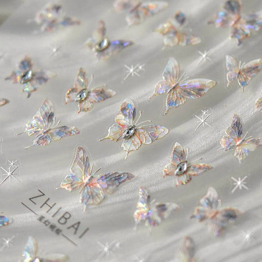 Aurora Shell Light Butterfly Nail Stickers Pink Butterfly Embossed Adhesive Nail Decals