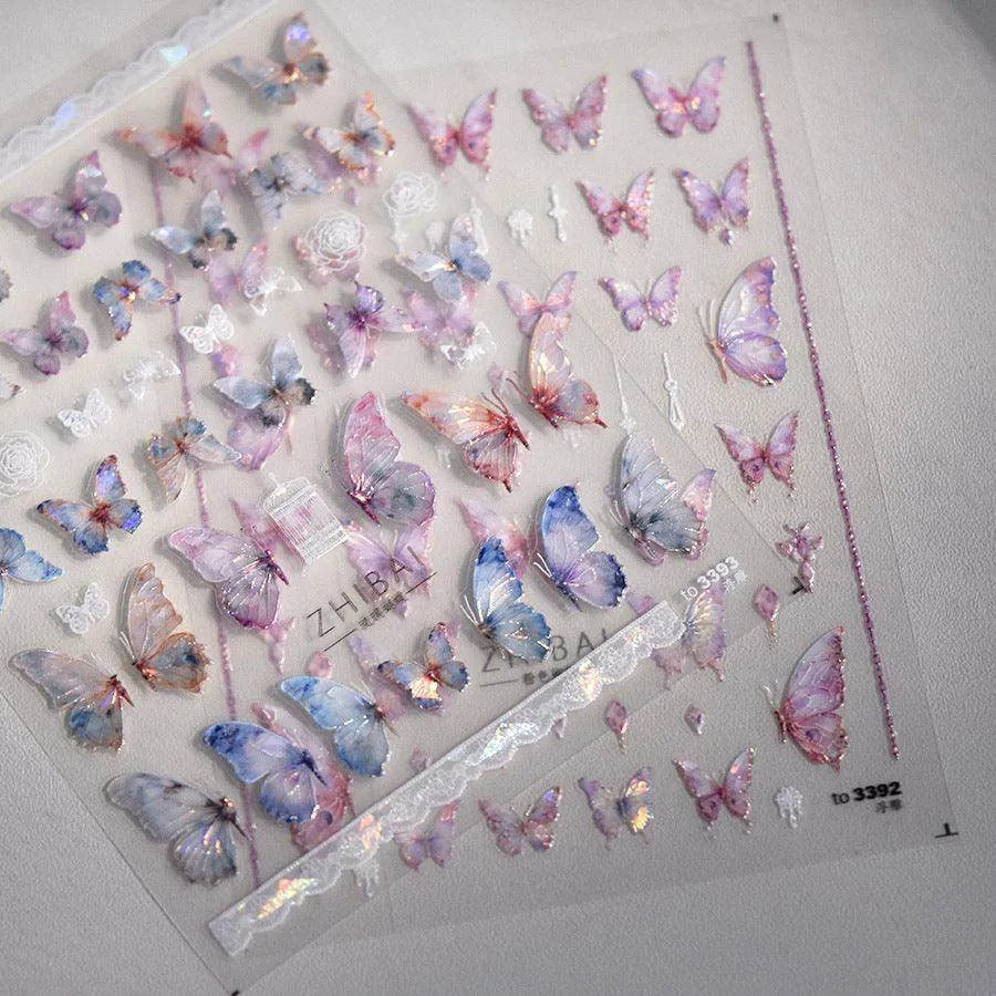 Aurora Shell Pink Butterfly Nail Stickers 5D Embossed Butterfly Nail Decals Manicure Accessories to3392