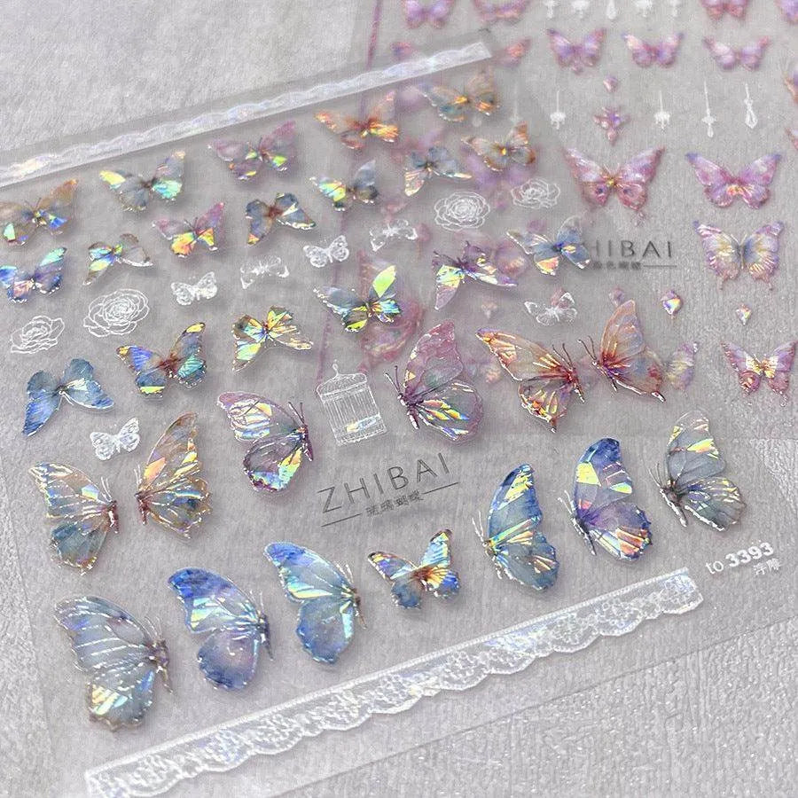 Aurora Shell Pink Butterfly Nail Stickers 5D Embossed Butterfly Nail Decals Manicure Accessories to3392