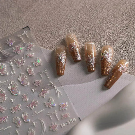 Aurora Shell Pink Tulips Nail Stickers 5D Embossed Flower Nail Art Decals Manicure Accessories M357