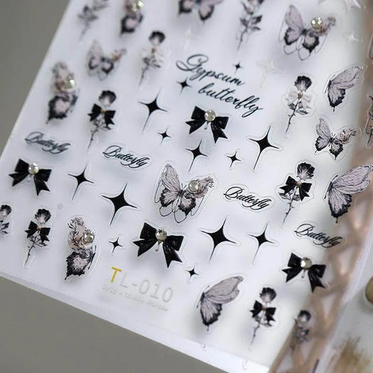 Black Rose Nail Art Stickers Adhesive Slider Embossed Rose Bow Sticker Decals TL010