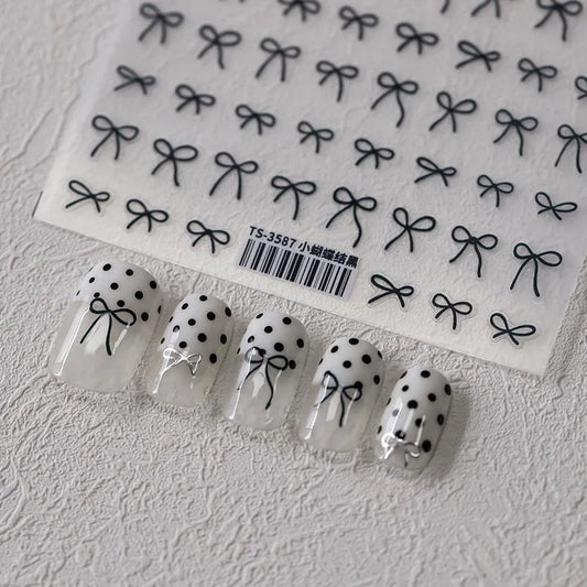 Black White Bow Nail Art Stickers Adhesive Slider Embossed Metal Bow Knot Sticker Decals TS3587