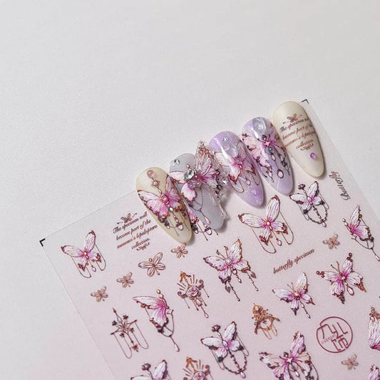 Blue Butterfly Nail Art Stickers Adhesive Embossed Pink Lace Sticker Decals to3345