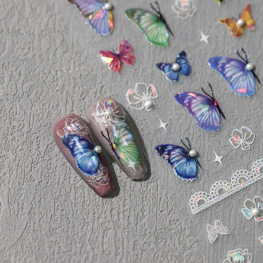 Blue Butterfly Nail Art Stickers Adhesive Slider Laser Butterfly Sticker Decals TL100