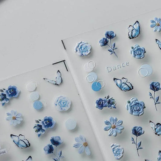 Blue Flower Butterfly Nail Art Stickers Adhesive Slider Sticker Decals TS2444