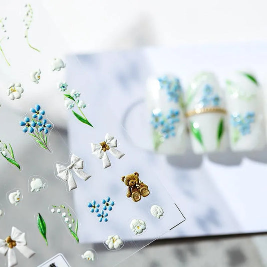 Blue Flowers Nail Art Stickers 3D Adhesive Canterbury Bell Flower Sticker Decals TS1275