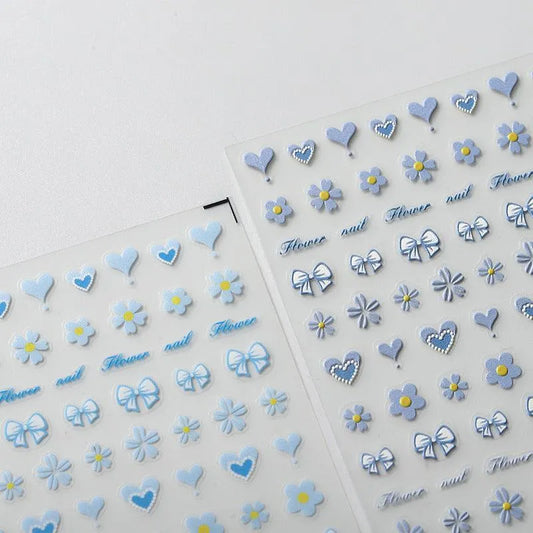 Blue Heart Bow Nail Art Stickers Adhesive Slider Flowers Sticker Decals TS2405