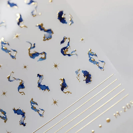 Blue Marble Design Nail Art Stickers Gold Lines Adhesive Sticker Decals M205