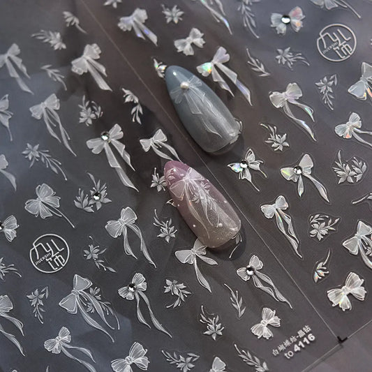 Bow Ribbon Nail Art Stickers Adhesive Embossed White Bow Sticker Decals