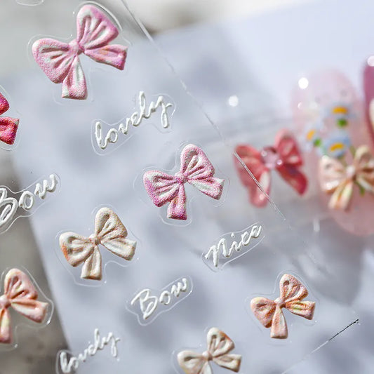 Bow Tie Nail Art Stickers Adhesive Embossed Pink Bow Sticker Decals MN016F