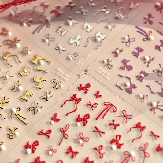 Bow With Pearl Nail Art Stickers Adhesive Embossed Red Bow-tie Sticker Decals