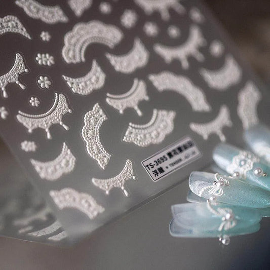 Bridal Lace Nail Art Stickers Adhesive Embossed White Bow Knot Ribbon Sticker Decals TS3694