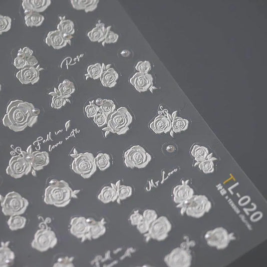 Bridal Rose Nail Art Stickers Adhesive White Rose Flower Embossed Sticker Decals TL020