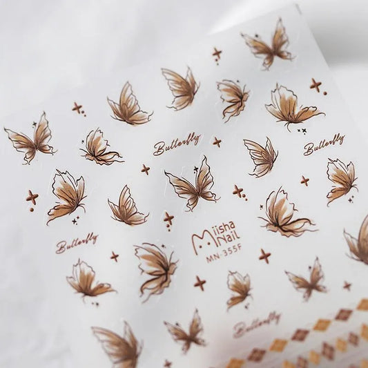 Brown Butterfly Nail Art Stickers 3D Adhesive Butterfly Sticker Decals MN354