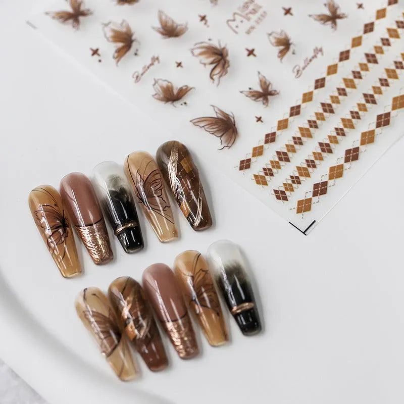 Brown Butterfly Nail Art Stickers 3D Adhesive Butterfly Sticker Decals MN354