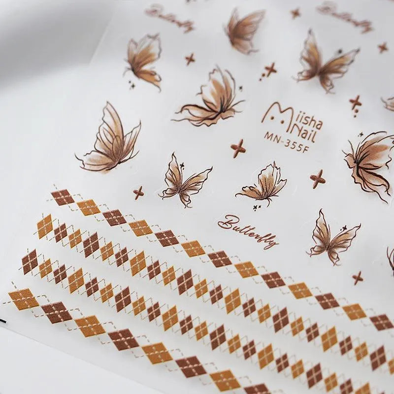 Brown Butterfly Nail Art Stickers 3D Adhesive Butterfly Sticker Decals MN354