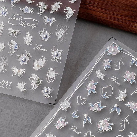 Butterfly Nail Art Stickers White Flowers Leaf with Pearls Adhesive Sticker Decals TL047