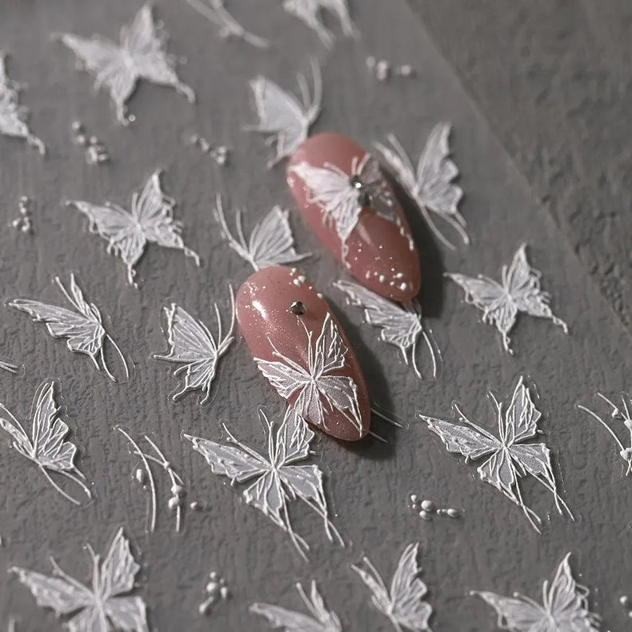 Butterfly Nail Stickers White Butterfly Wings 3D Adhesive Sticker Nail Decals TS3609