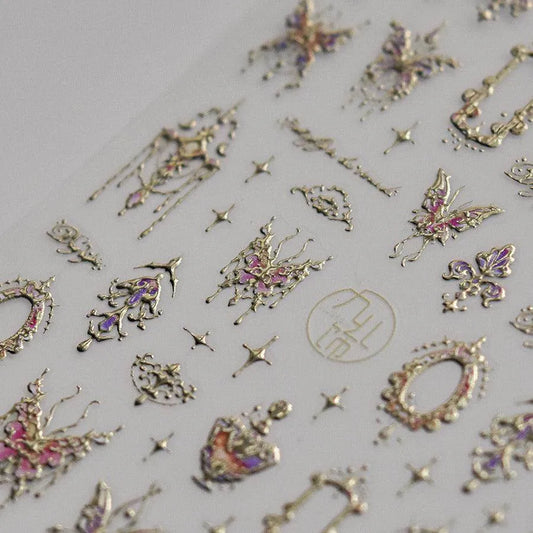 Butterfly with Gold Lace Nail Art Stickers Adhesive Embossed Lace Wings Sticker Decals to3186
