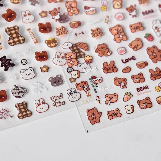 Cartoon Bear Nail Art Stickers Adhesive Embossed Lucky Bear with Rabbit Sticker Decals to3508