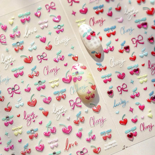 Cherry Love Nail Art Stickers Adhesive Embossed Love Heart Sticker Decals for Valentine's Day
