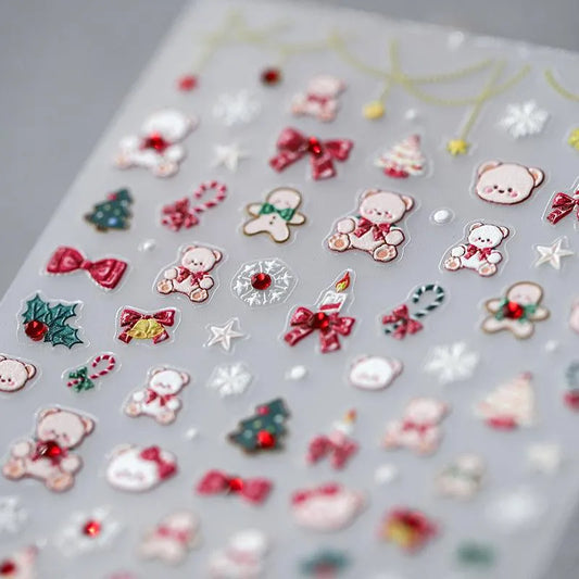 Christmas Bear Nail Art Stickers Adhesive Embossed Xmas Tree Sticker Decals TL040