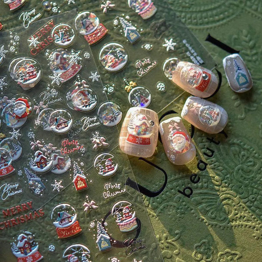 Snowflake Crystal Embossed Nails for a Festive Finish