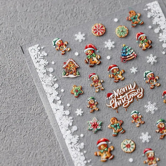 Christmas Gingerbread Man Nail Art Stickers Xmas Tree Adhesive Embossed Sticker Decals TS3445