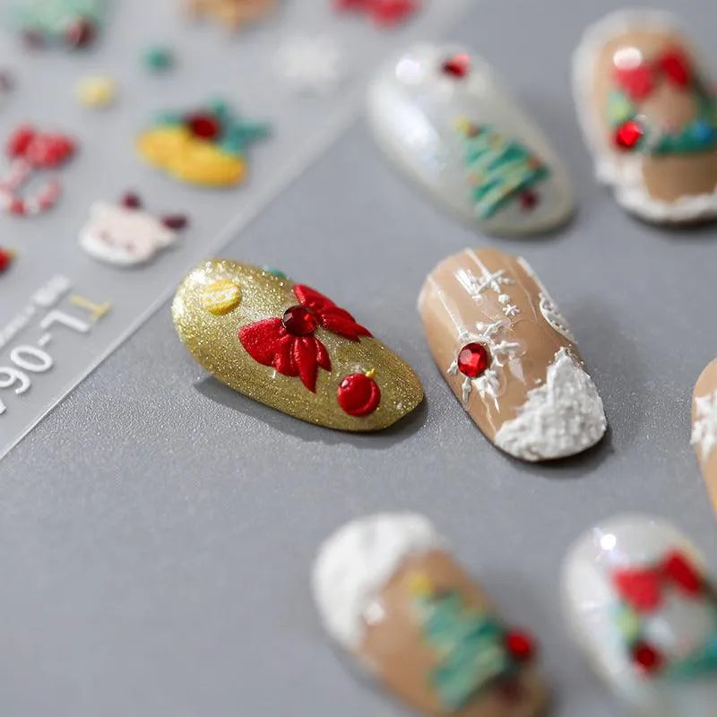 Christmas Nail Art Stickers Adhesive Sliders Christmas Tree Bells Embossed Sticker Decals TL064