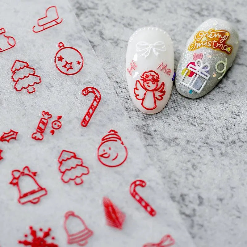 Christmas Tree Bell Nail Art Stickers Xmas Snowflake Embossed Sticker Decals TS977