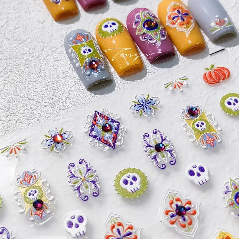 Colorful Nail Art Stickers Adhesive Sliders Bohemia Pattern Embossed Sticker Decals