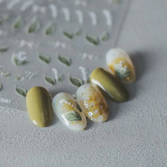 Convallaria Majalis Flower Nail Art Stickers Adhesive Slider Floral Leaf Sticker Decals