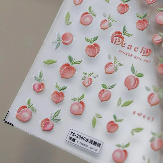 Cute 5D Embossed Peach Nail Stickers Sweet Summer Fruit Nail Art Decals TS2939