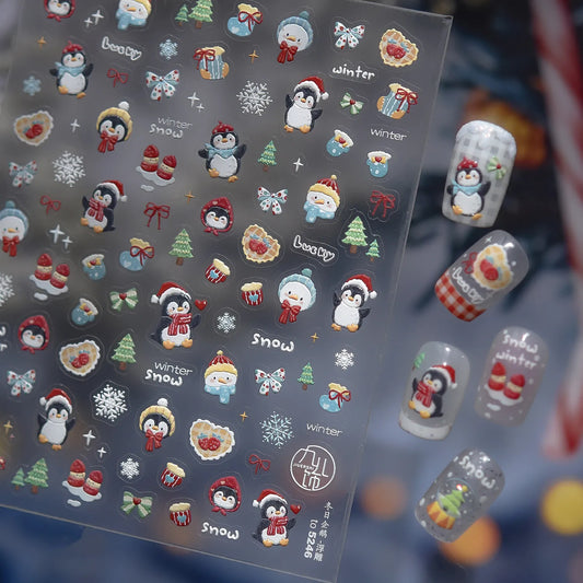 Cute 5D Embossed Penguin Christmas Nail Stickers - Winter Holiday Nail Art Decals 5245