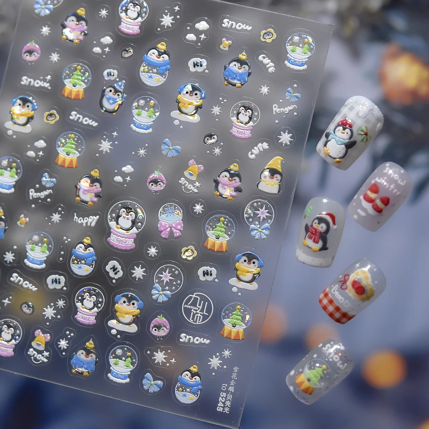 Cute 5D Embossed Penguin Christmas Nail Stickers - Winter Holiday Nail Art Decals 5245