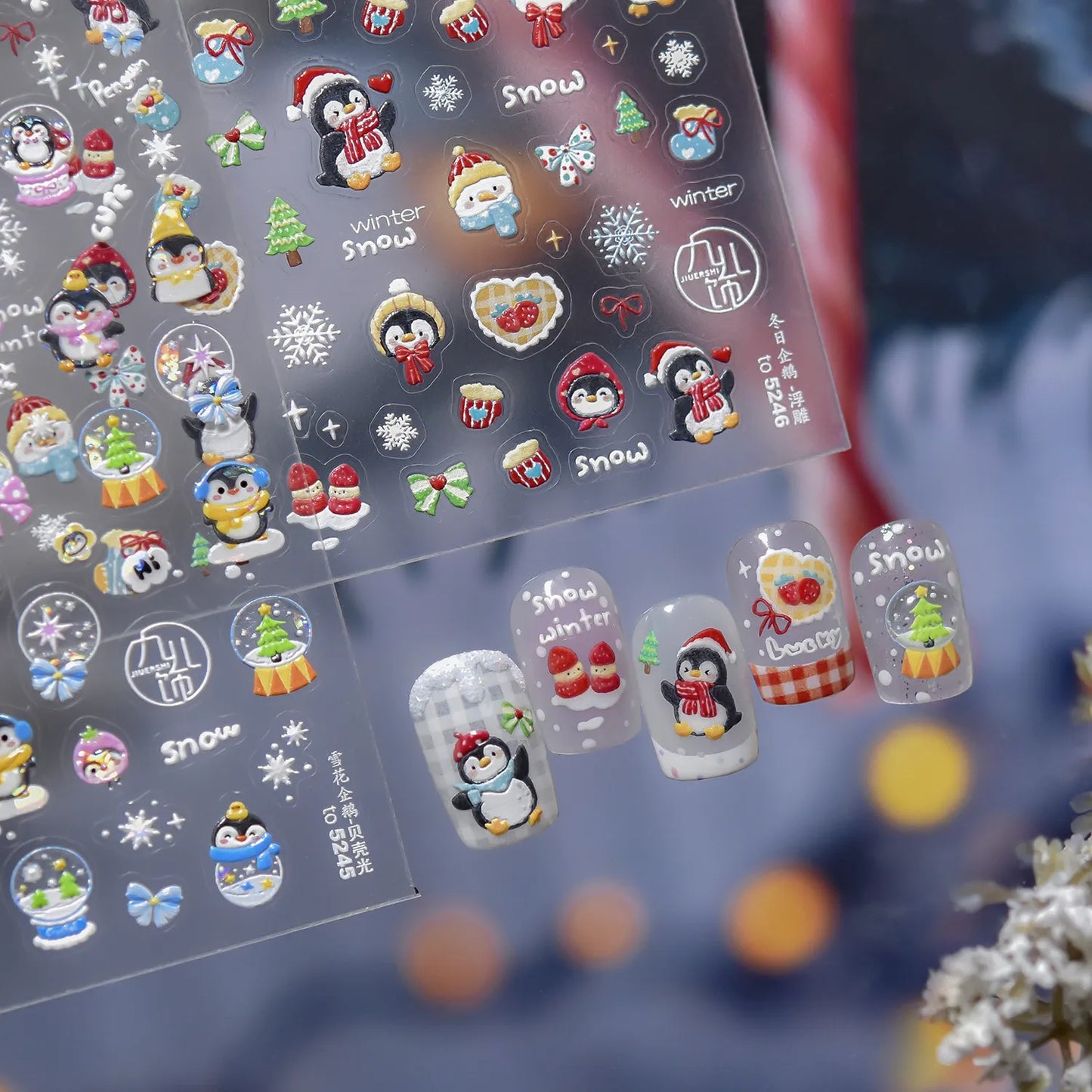 Cute 5D Embossed Penguin Christmas Nail Stickers - Winter Holiday Nail Art Decals 5245