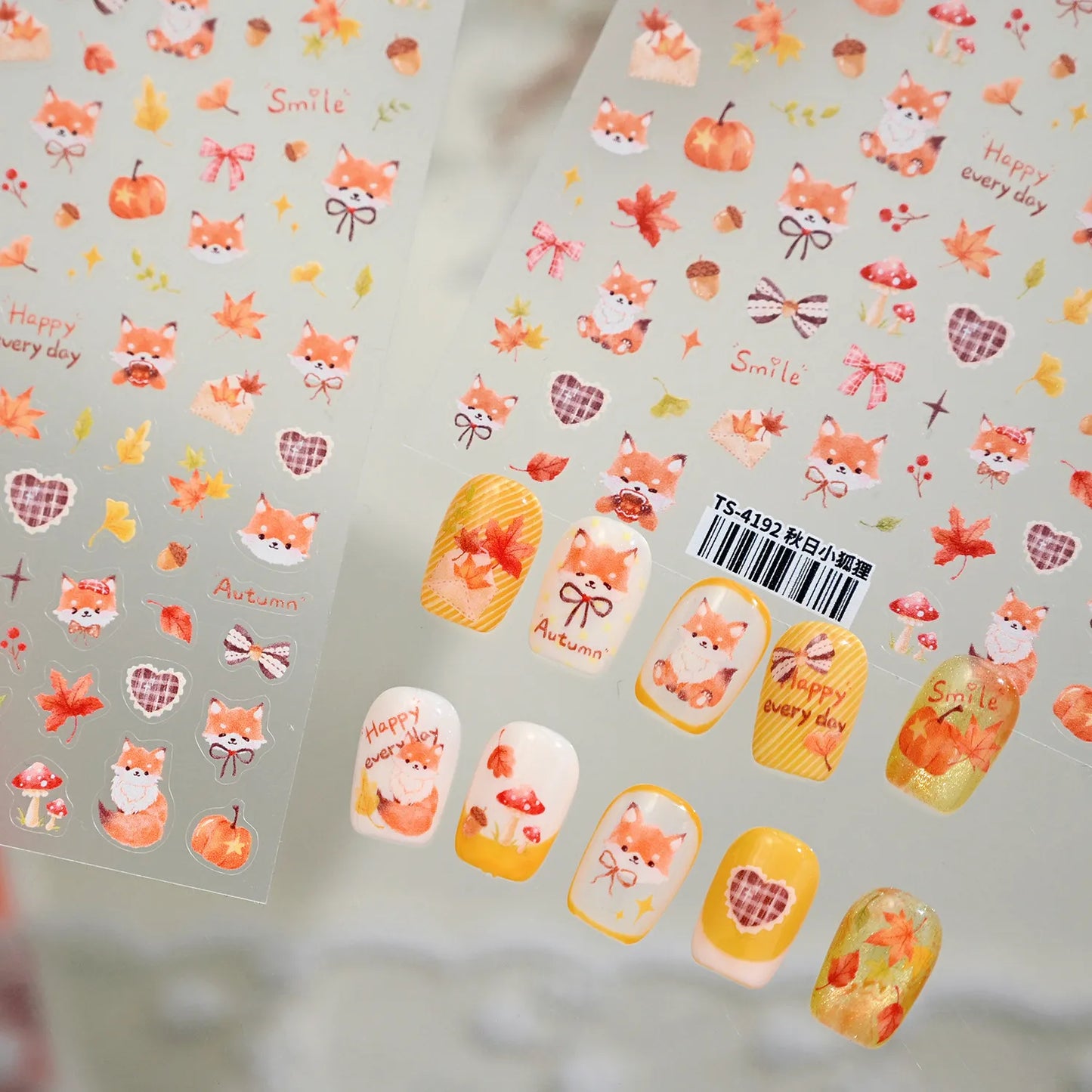 Cute Autumn Fox Nail Stickers | Fall Maple Leaf & Pumpkin Nail Decals TS4192