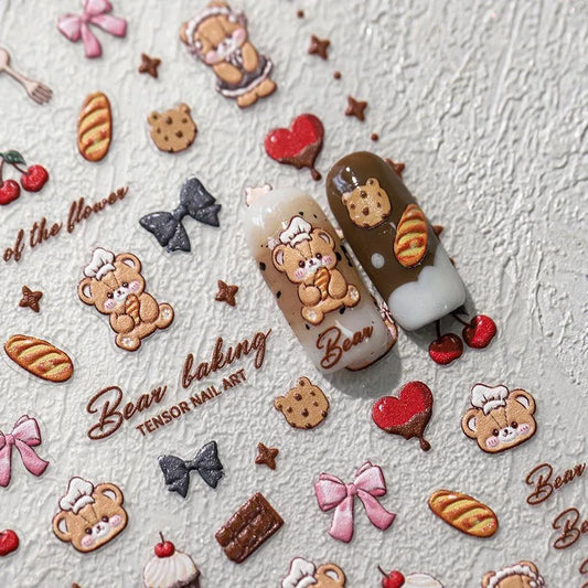 Cute Bear Nail Art Stickers Bakery Cookie Adhesive Slider Sticker Decals TS3522