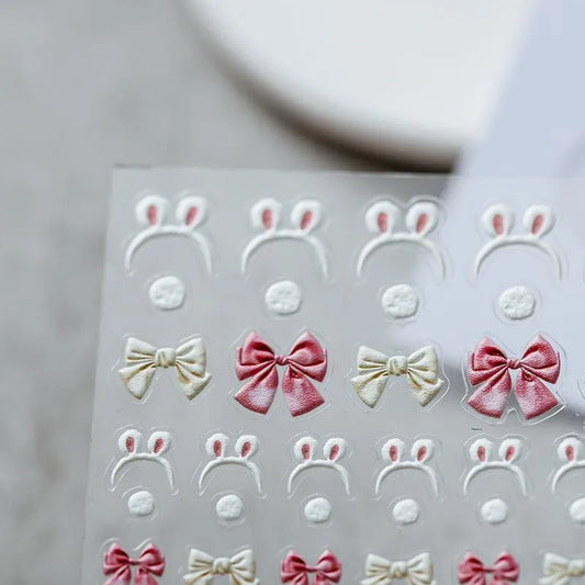 Cute Bunny Ears Design Nail Art Stickers 5D Pink Bow Adhesive Slider Sticker Decals TS1013