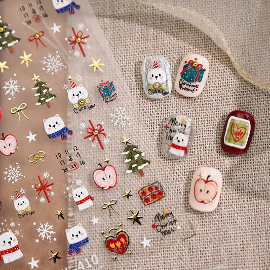 Cute Christmas Present Nail Stickers | Bear Snowflake Holiday Nail Decals TL410