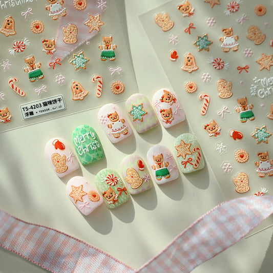 Cute Gingerbread Christmas Nail Stickers - Xmas Deer Tree Snowman Holiday Decals