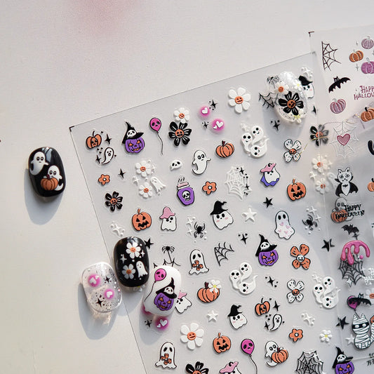 Cute Halloween 3D Nail Stickers - Spooky Cat, Ghost & Pumpkin Nail Art Decals