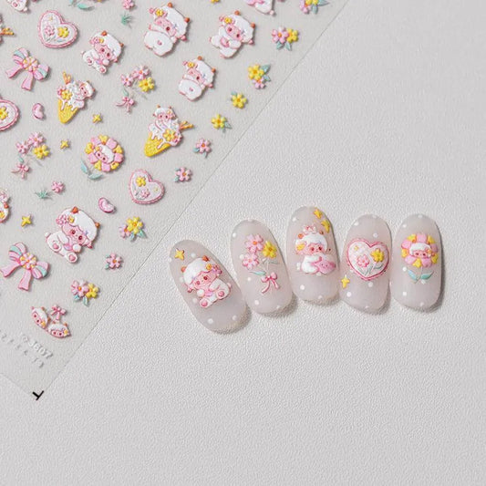 Cute Sheep Nail Art Stickers Adhesive Embossed Pink Flower Sticker Decals to3607