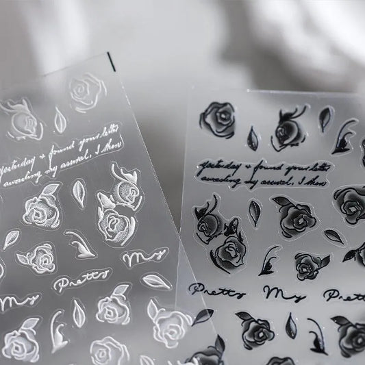 Dark Rose Nail Art Stickers White Rose Flower Adhesive Sticker Decals TS1708