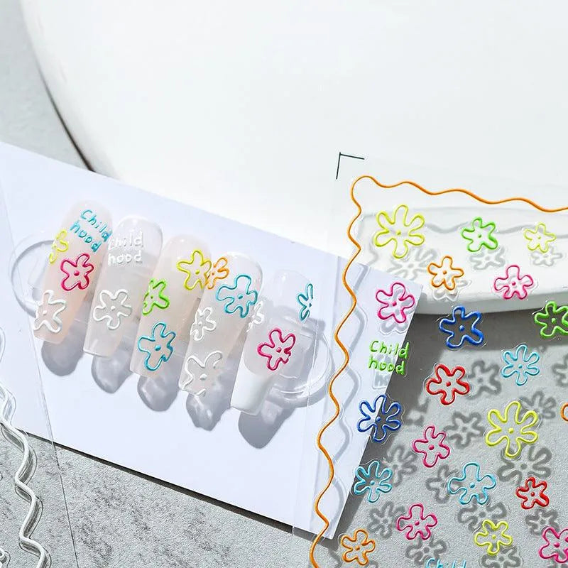 Doodle Floral Outline Nail Art Stickers Adhesive Embossed Matte Line Flower Sticker Decals KX244