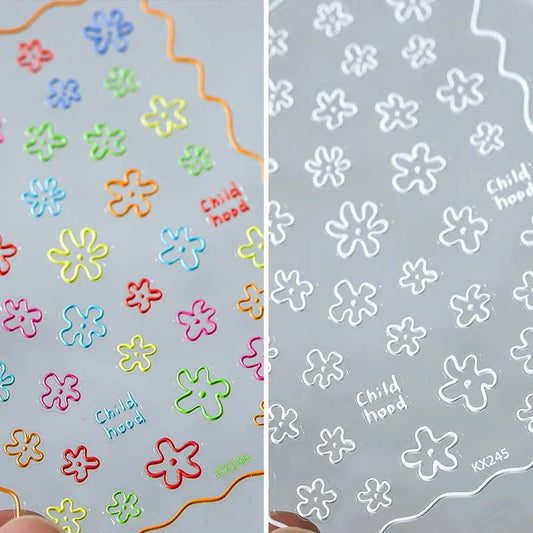 Doodle Floral Outline Nail Art Stickers Adhesive Embossed Matte Line Flower Sticker Decals KX244